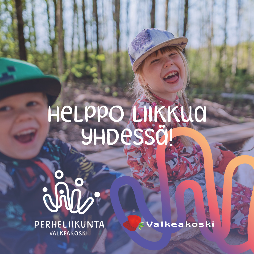 Kaksi lasta taustalla, etualalla Perheliikunta-logo ja slogan "Helppo liikkua yhdessä".