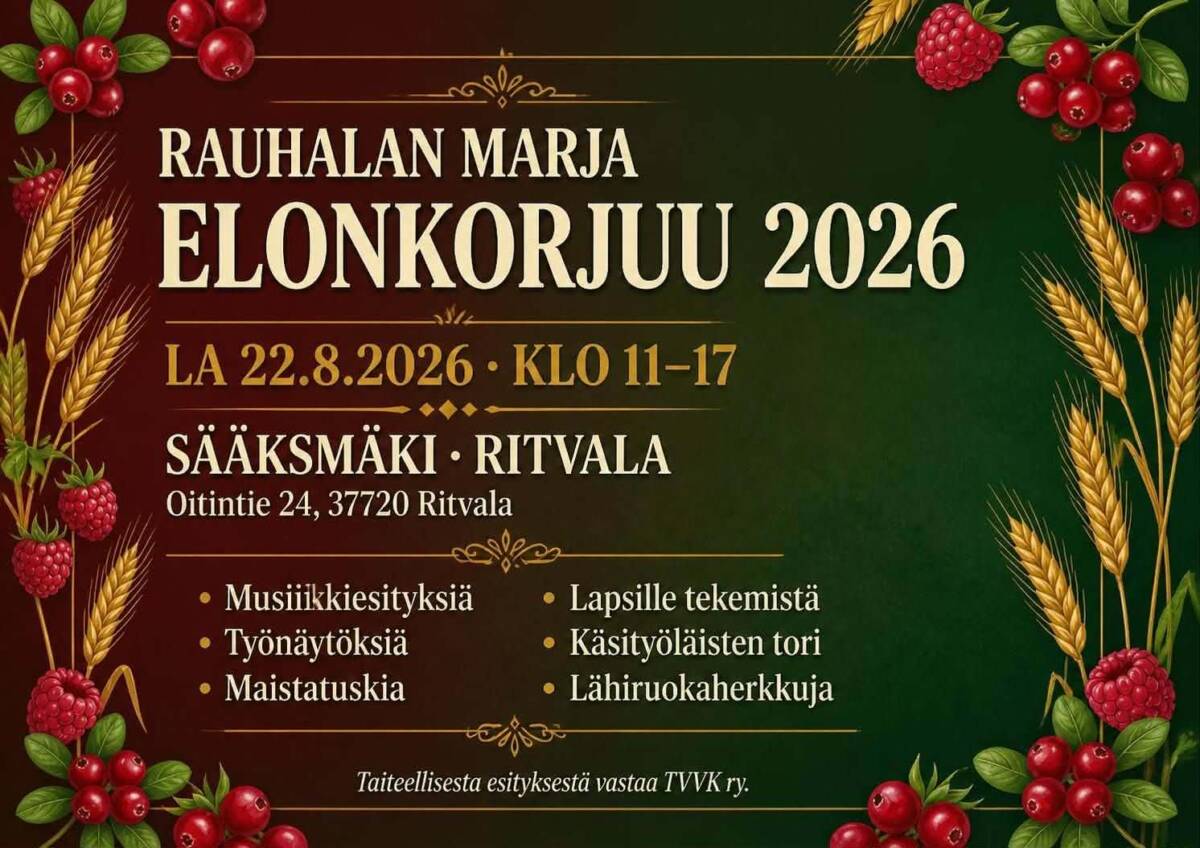 Rauhalan marjan elonkorjuu 2026 -mainos.