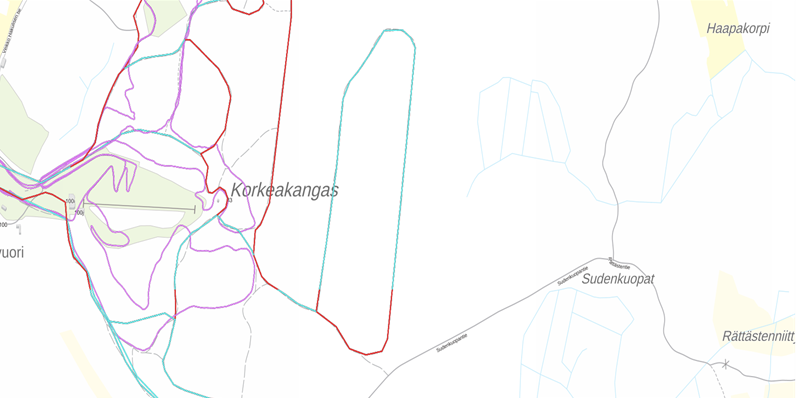 Maastokartta Korkeakankaalta, ratsastusreitti eritelty