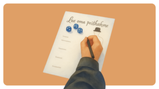 piirroskuva kädestä, joka piirtää ja pöydällä paperin päällä noppia
