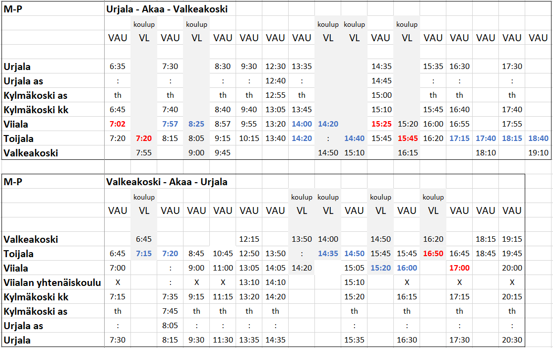 VAU-liikenne Urjala-Akaa-Valkeakoski aikataulut.