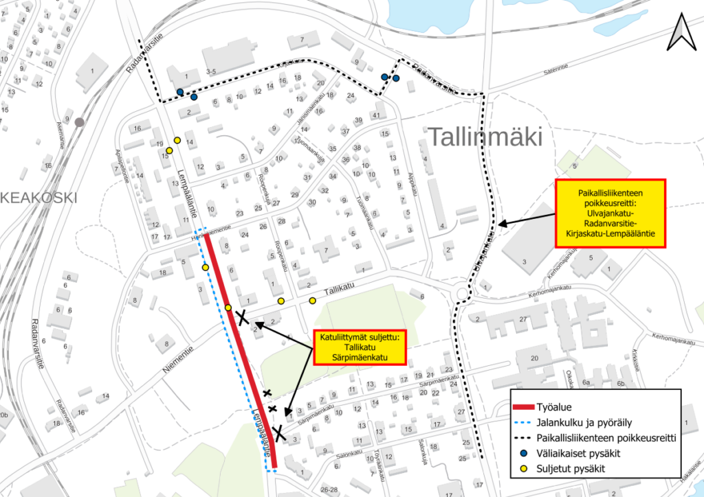 Kartta, jossa näkyy suljetut katuliittymät ja paikallisliikenteen poikkeusreitti.