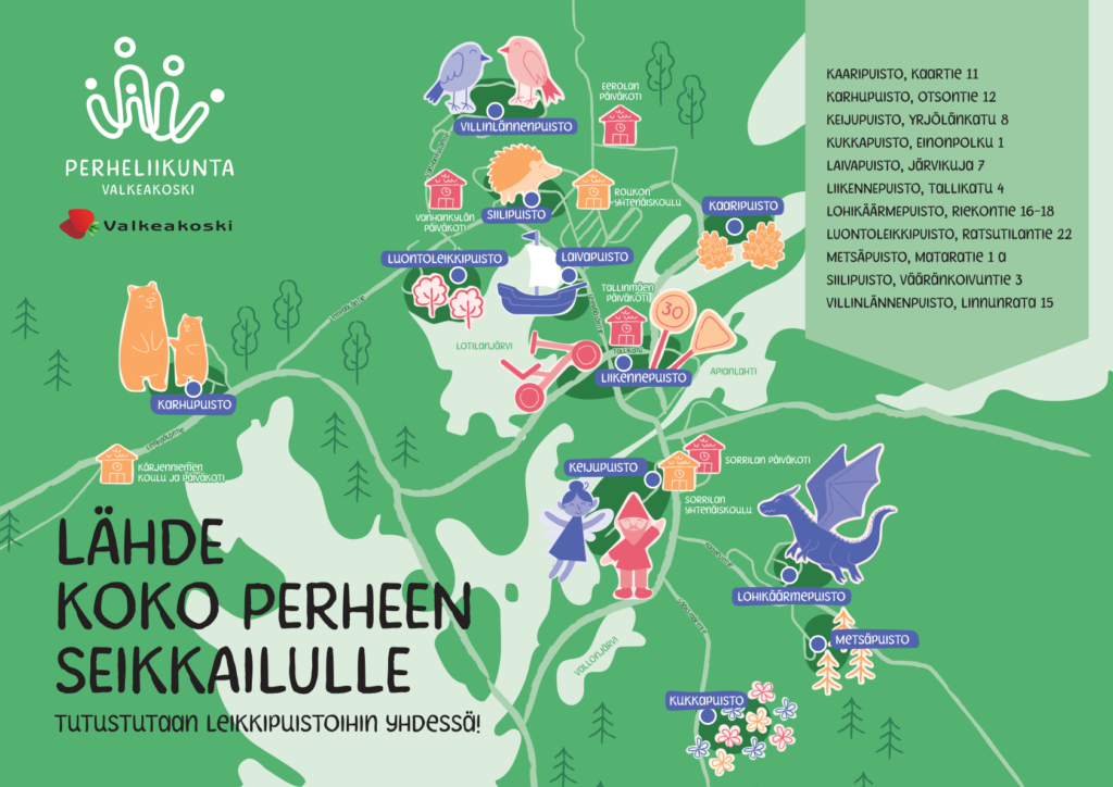 Seikkailukartta, jossa on piirroshahmoja eläimistä sekä johon on merkitty Valkeakosken kaupungin leikkipuistot.