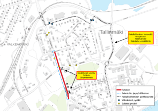 Kartta, jossa näkyy suljetut katuliittymät ja paikallisliikenteen poikkeusreitti.