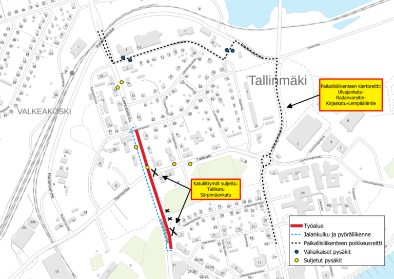 Kartta, jossa näkyy suljetut katuliittymät ja paikallisliikenteen poikkeusreitti.