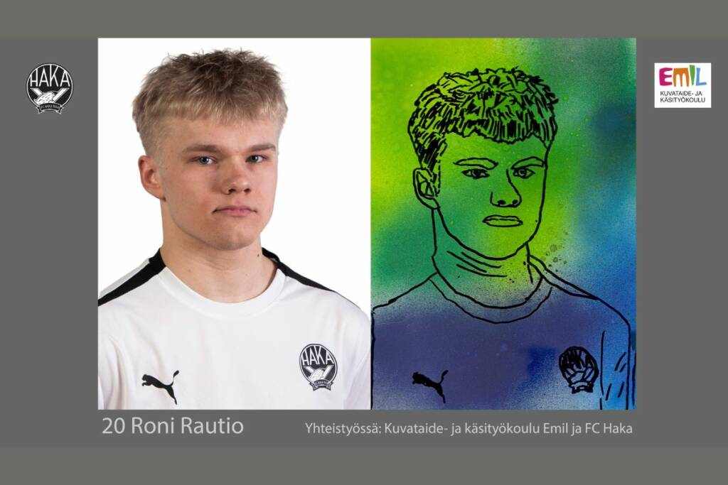 FC Hakan pelaajan valokuva ja siitä piirretty muotokuva.