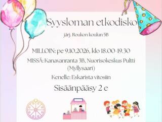 Syysloman etkodiskon tapahtumatietoja ja kuvitettuja kuvia.