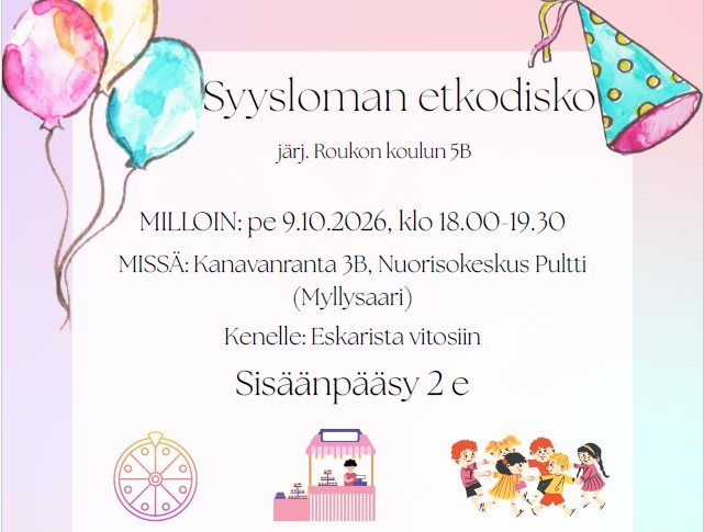 Syysloman etkodiskon tapahtumatietoja ja kuvitettuja kuvia.