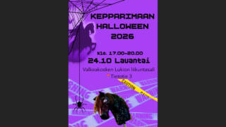 Kepparimaan Halloween -tapahtuman graafinen mainoskuva, missä tekstiä, hämähäkinseitti ja keppihevonen.