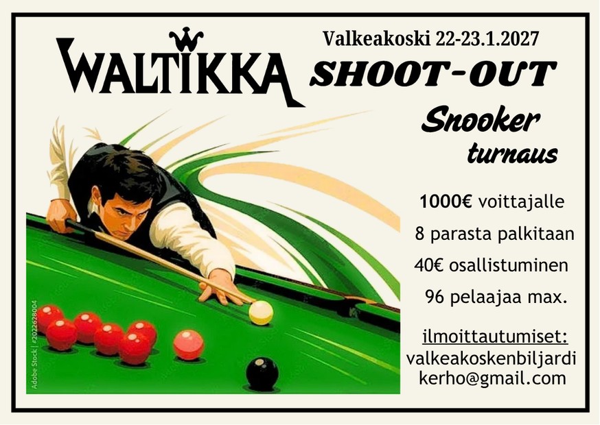 Waltikan Shoot-Out Snooker turnauksen mainos.