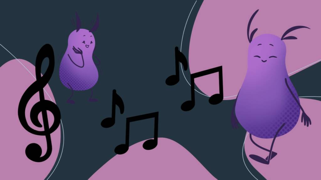 Nuotteja ja olentoja violetilla taustalla